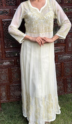 将图像加载到图库查看器中, Humaira Women's Lakhanvi Handcrafted Faux-Georgette Chikankari Dress - HONC05080