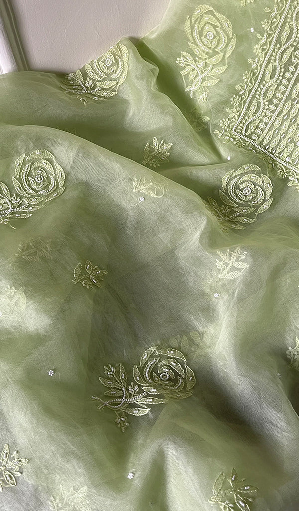 Women's Lakhnavi Handcrafted Organza Chikankari Unstitched Full Suit Material - HONC0271206