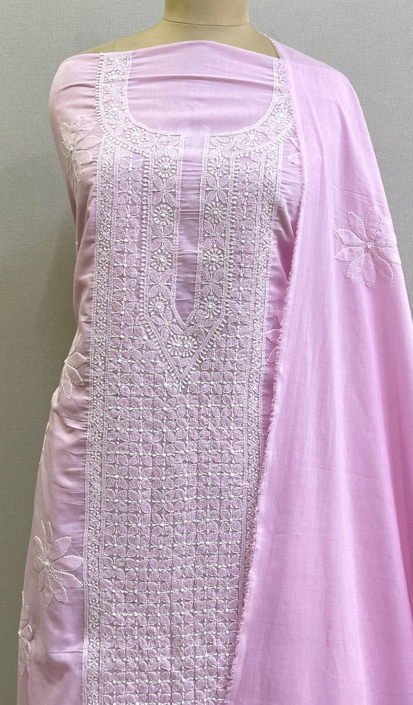 Pink Women's Lakhnavi Handcrafted Cotton Chikankari Full Suit Material