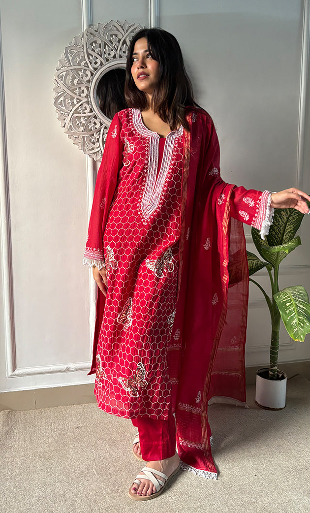 Women's Lakhnavi Handcrafted Mul Chanderi Chikankari Stitched Kurta, Dupatta And Pant Set - HONC0314455