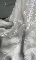 Load image into Gallery viewer, Women's Lakhnavi Handcrafted Organza Chikankari Unstitched Kurti Fabric - NC062763