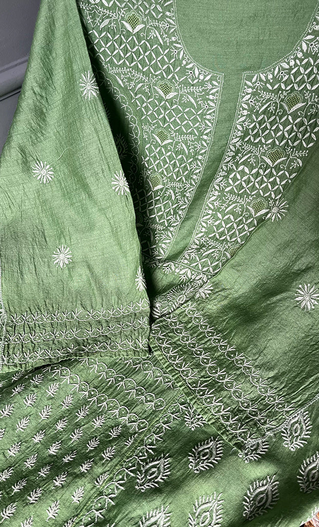 Women's Lakhnavi Handcrafted Munga Silk Chikankari Unstitched Kurti Fabric - HONC0270478