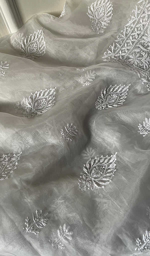 Women's Lakhnavi Handcrafted Organza Chikankari Unstitched Kurta And Dupatta Set- HONC0249868