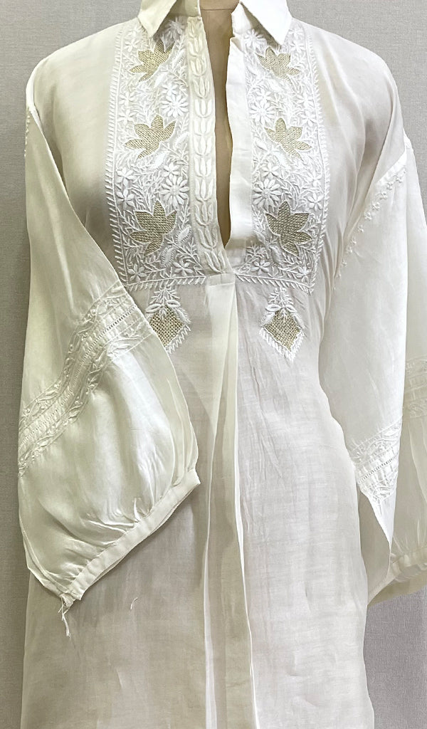 Fiza Women's Lakhnavi Handcrafted Chanderi Silk Semi- Stiched Chikankari Top - HONC0185366
