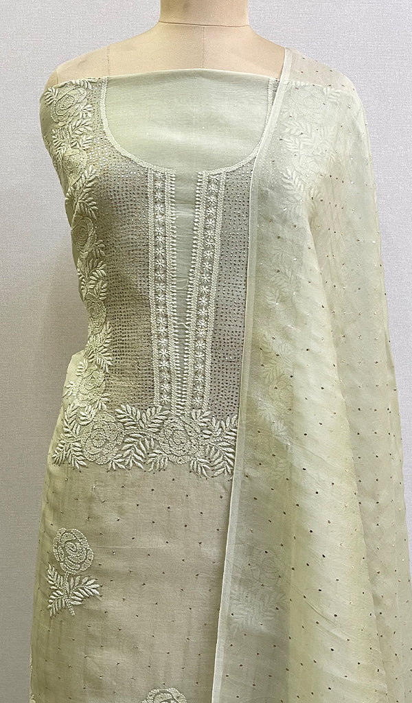 Women's Lakhnavi Handcrafted Pure Silk Georgette Unstitched Chikankari Kurta And Dupatta Set- HONC0271642