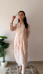 Load image into Gallery viewer, Women's Lucknowi Handcrafted Mul Chanderi Stitched Chikankari Kurta And Plazzo Set- HONC03788220