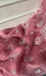 将图像加载到图库查看器中, Women's Lakhnavi Handcrafted Pure Organza Chikankari Unstitched Kurta And Dupatta Set- HONC0319190