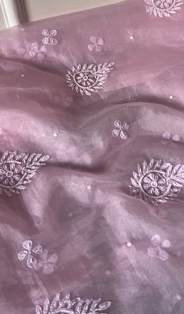 Women's Lakhnavi Handcrafted Organza Chikankari Unstitched Full Suit Material - HONC0271208