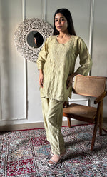 Load image into Gallery viewer, Imara Women's Lakhnavi Handcrafted Chanderi Silk Chikankari Top And Pant Set - HONC0340438