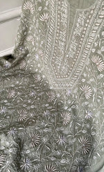将图像加载到图库查看器中, Women's Lakhnavi Handcrafted Munga Silk Chikankari Unstitched Kurti Fabric - HONC0316122