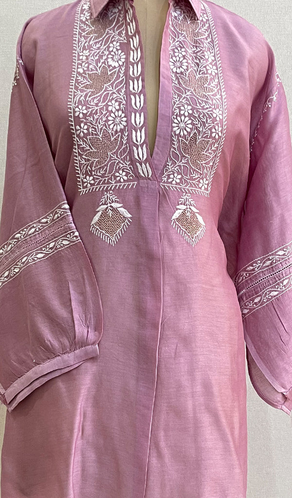 Fiza Women's Lakhnavi Handcrafted Chanderi Silk Semi- Stiched Chikankari Top - HONC0191713
