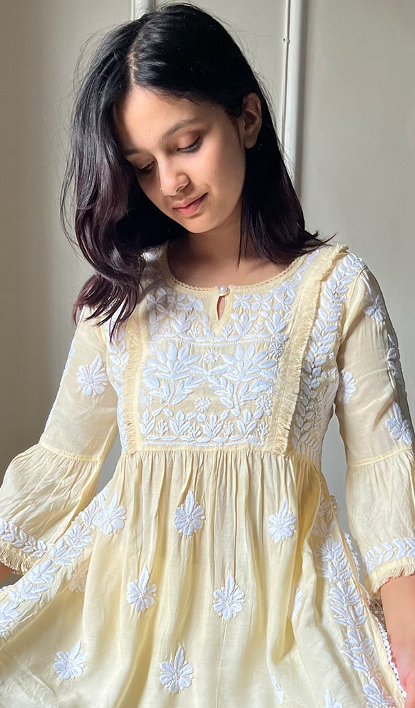 Women's Lakhnavi Handcrafted Cotton Chikankari Short Kurta And Palazzo Set - HONC0293820