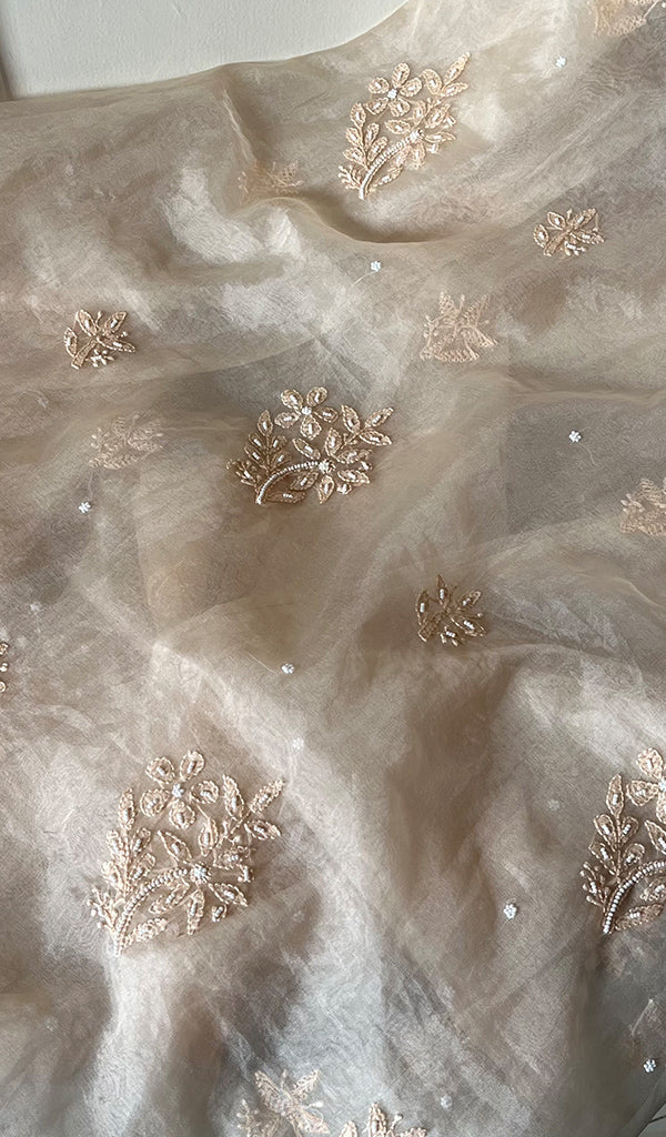 Women's Lakhnavi Handcrafted Organza Chikankari Unstitched Full Suit Material - HONC0271219