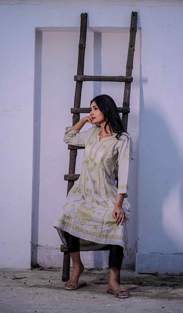 Divya Women's Lucknowi Handcrafted Cotton Chikankari Kurti - HONC0213403