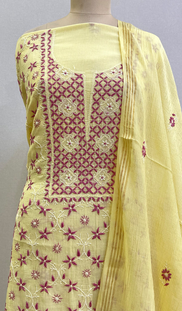 Women's Lakhnavi Handcrafted Mul Chanderi Unstitched Kurta And Dupatta Set- HONC0313324