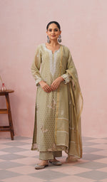 Load image into Gallery viewer, Women's Lakhnavi Handcrafted Mul Chanderi Chikankari Stitched Kurta, Dupatta And Pant Set - HONC0555586