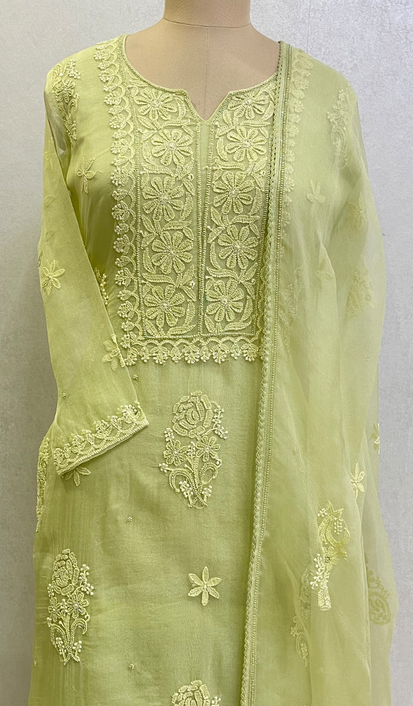 Women's Lucknowi Handcrafted Pure Organza Silk Stitched Chikankari Kurta, Dupatta With Pant Set- HONC029545