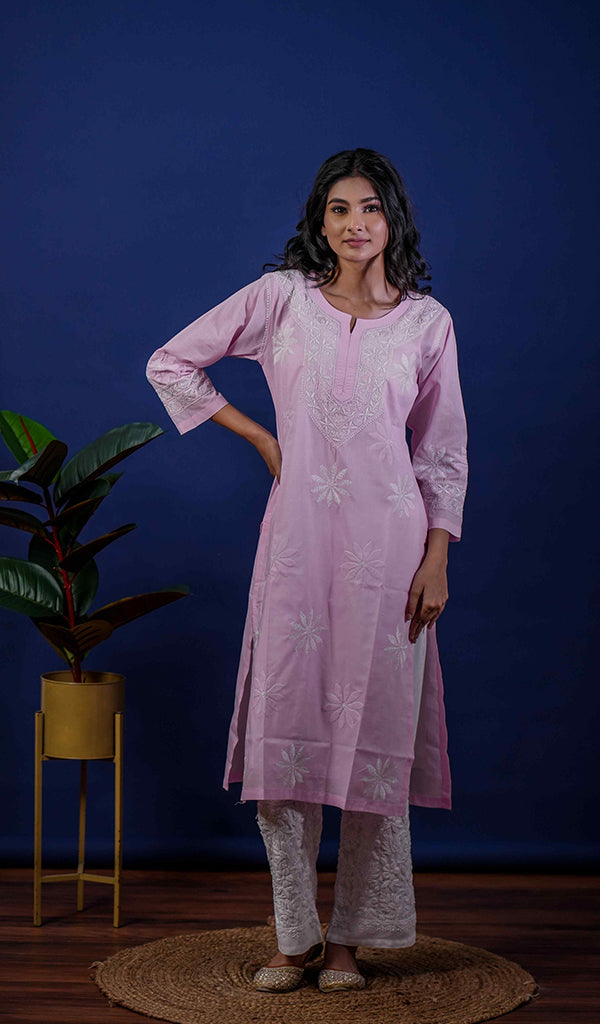 Pink Women's Lucknowi Handcrafted Cotton Chikankari Kurti