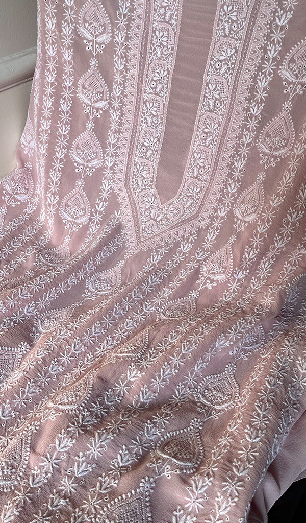 Lucknowi Handcrafted Pure Silk Georgette Chikankari Unstitched Men's Kurta Fabric - HONC0260879