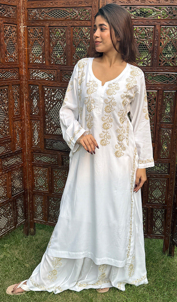 Zara Women's Lakhnavi Handcrafted Modal Cotton Chikankari Kurta And Skirt Set - HONC0251117