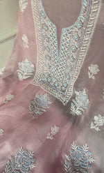 Load image into Gallery viewer, Women's Lakhnavi Handcrafted Pure Organza Chikankari Unstitched Kurta And Dupatta Set- HONC0307952