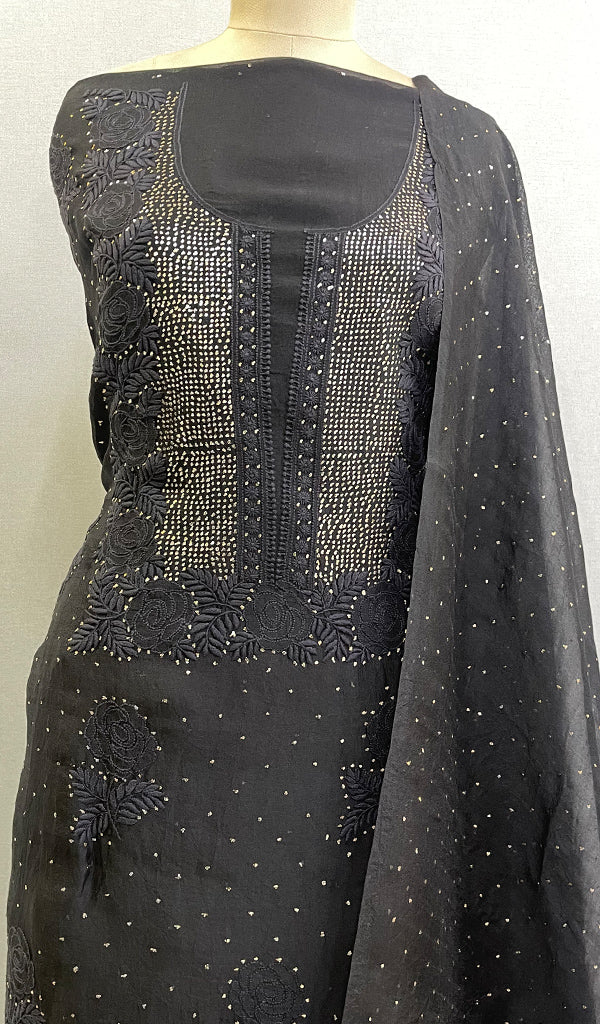Women's Lakhnavi Handcrafted Organza Chikankari Unstitched Full Suit Material - HONC0258373