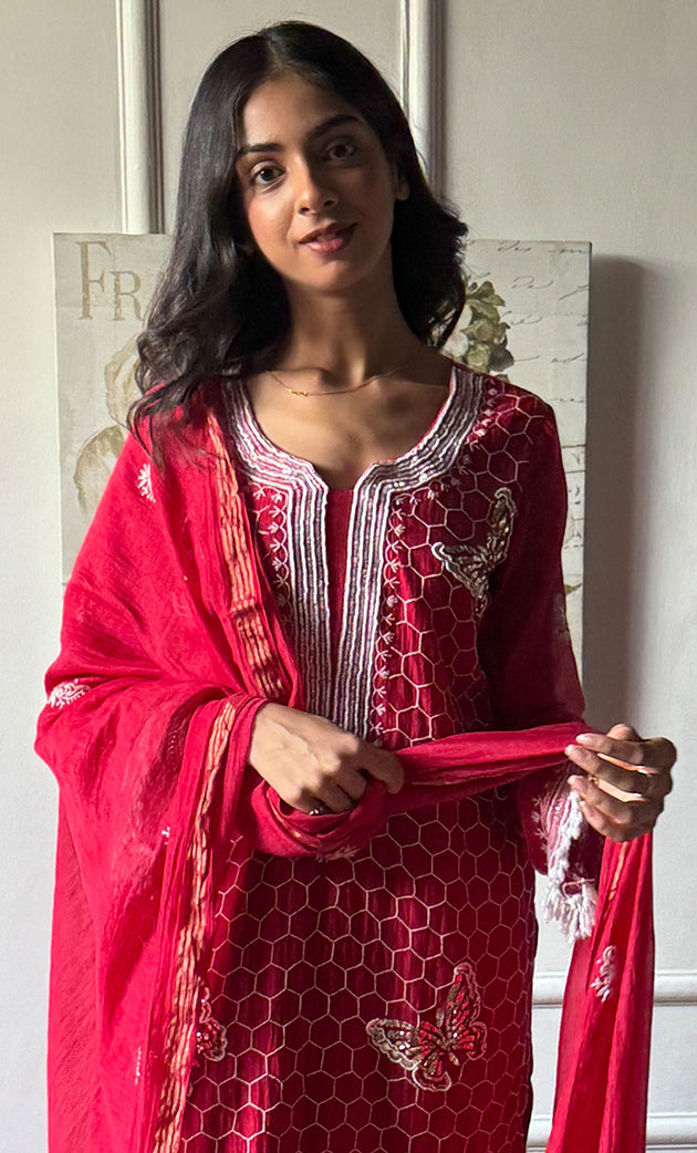 Women's Lakhnavi Handcrafted Mul Chanderi Chikankari Stitched Kurta, Dupatta And Pant Set - HONC0314455