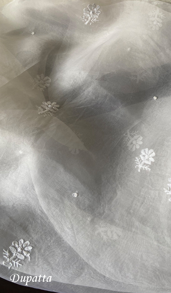 Women's Lakhnavi Handcrafted Pure Organza Chikankari Unstitched Kurta And Dupatta Set- HONC0265389