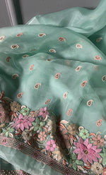 将图像加载到图库查看器中, Women's Lakhnavi Handcrafted Pure Organza Silk Chikankari Unstitched Full Suit Material - HONC0267229