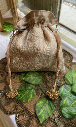 Load image into Gallery viewer, Handcrafted Beige Chikankari Embroidered Potli Bag – 9 x 8 Inches - HONC0308901