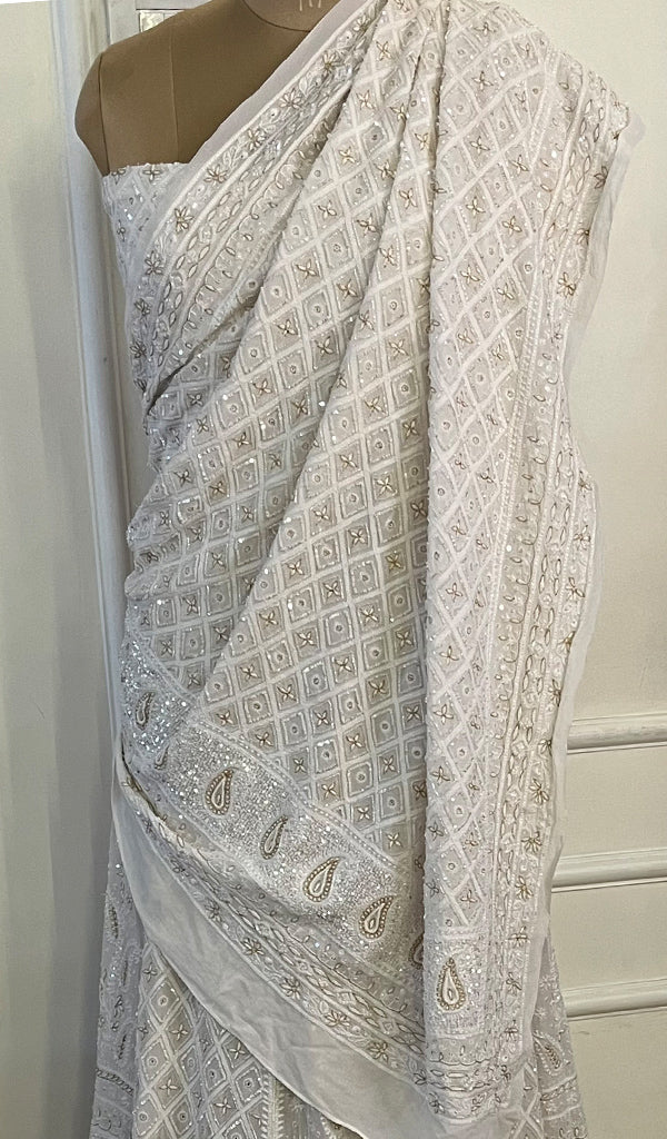 Women's Lakhnavi Handcrafted Bridal Pure Silk Georgette Chikankari Lehenga Set - HONC02690721