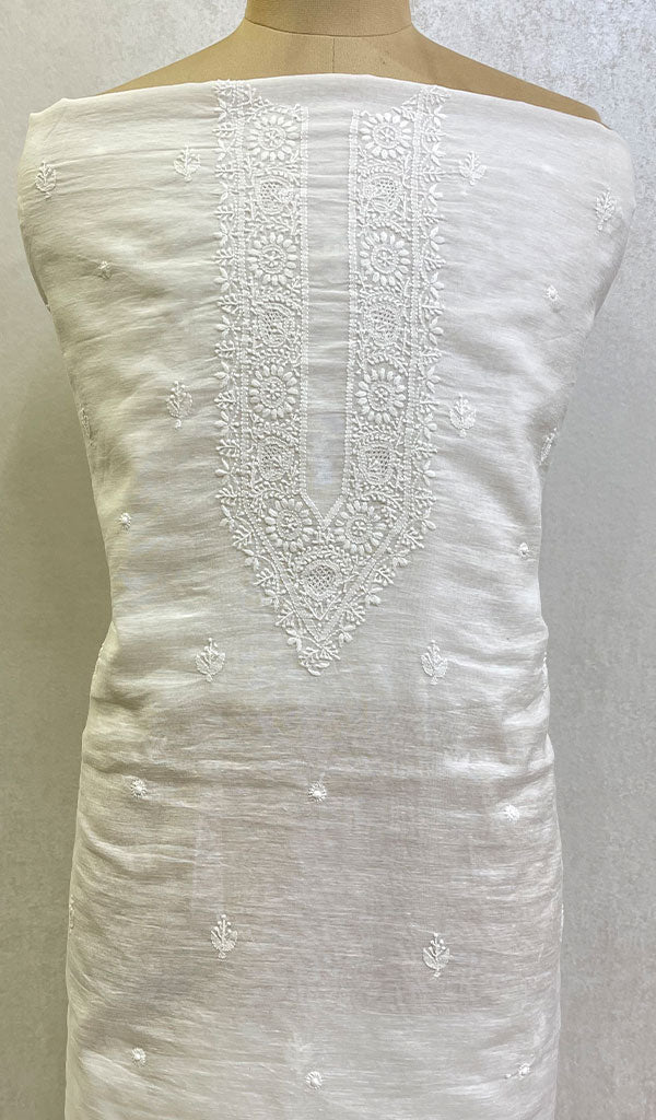 Lucknowi Handcrafted White Cotton Chikankari Unstitched Men's Kurta Fabric - HONC0146625