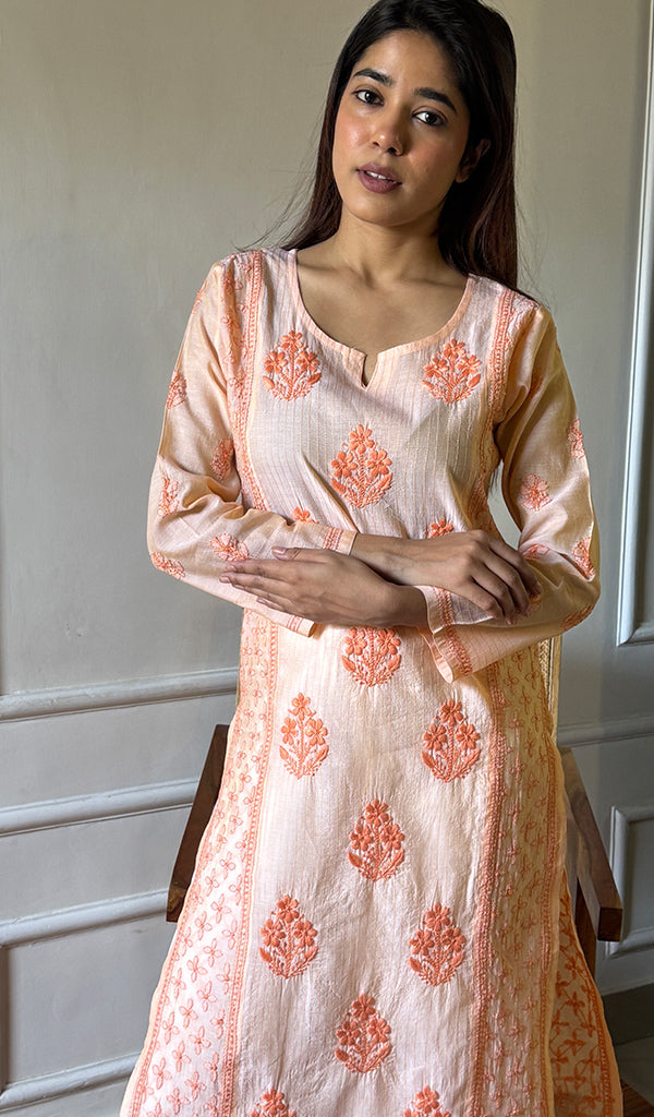 Women's Lucknowi Handcrafted Chanderi Chikankari Kurti - HONC0285463