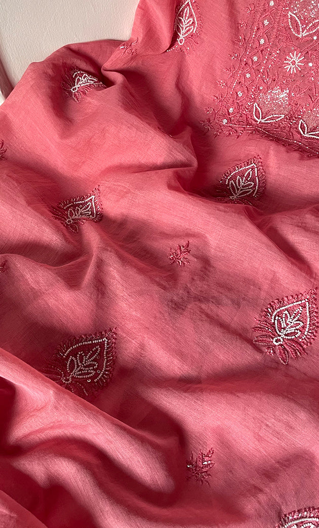 Women's Lakhnavi Handcrafted Mul Chanderi Unstitched Chikankari Full Suit Material - HONC0314654