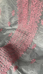 将图像加载到图库查看器中, Lakhnavi 手工制作的欧根纱 Chikankari 未缝合 Kurti 面料 - Honc0133588