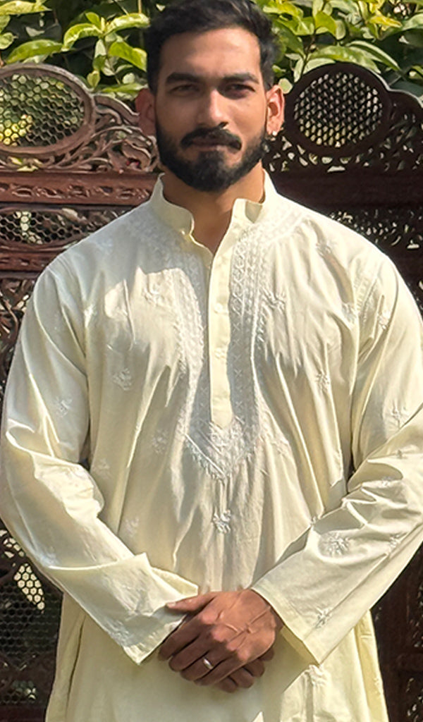 Men's Lucknowi Handcrafted Cotton Chikankari Kurta - HONC0115507