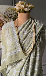 Load image into Gallery viewer, Women's Lakhnavi Handcrafted Pure Silk Georgette Chikankari Saree - HONC0284206