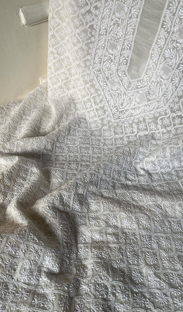 Lucknowi Handcrafted Pure Silk Georgette Chikankari Unstitched Men's Kurta Fabric - HONC026904