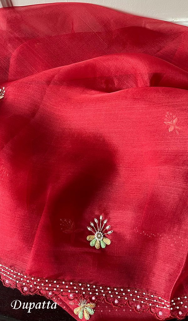 Women's Lakhnavi Handcrafted Pure Organza Chikankari Unstitched Kurta And Dupatta Set- HONC0272164