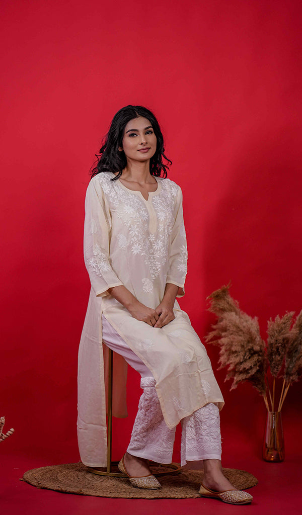 Reet Women's Lucknowi Handcrafted Modal Cotton Chikankari Kurti - HONC0213688