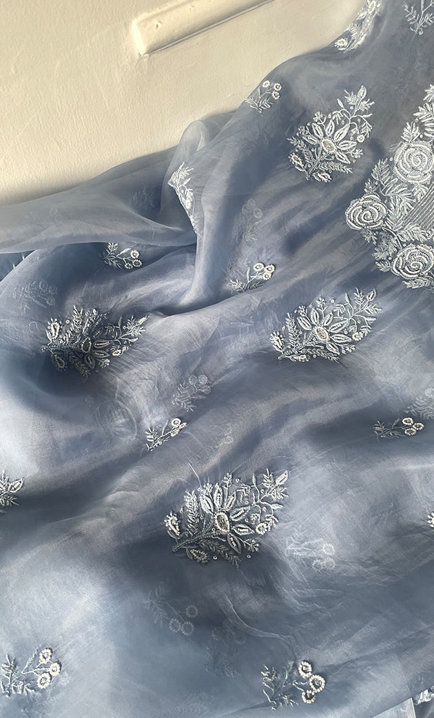 Rose Women's Lakhnavi Handcrafted Pure Organza Chikankari Unstitched Kurta And Dupatta Set- HONC0314167