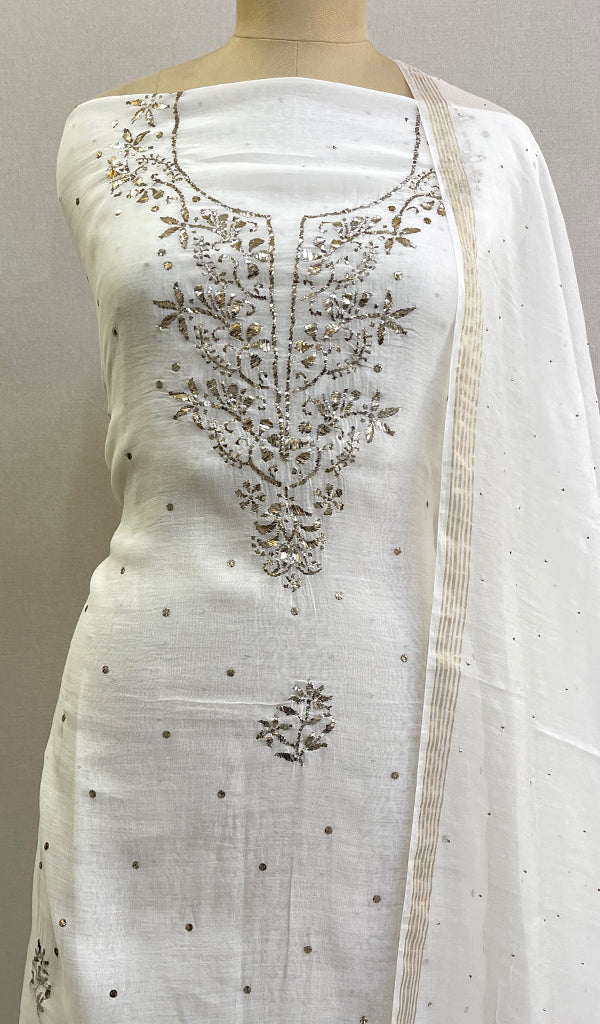 Women's Lakhnavi Handcrafted Chanderi Silk Chikankari Full Suit Material - HONC0203326