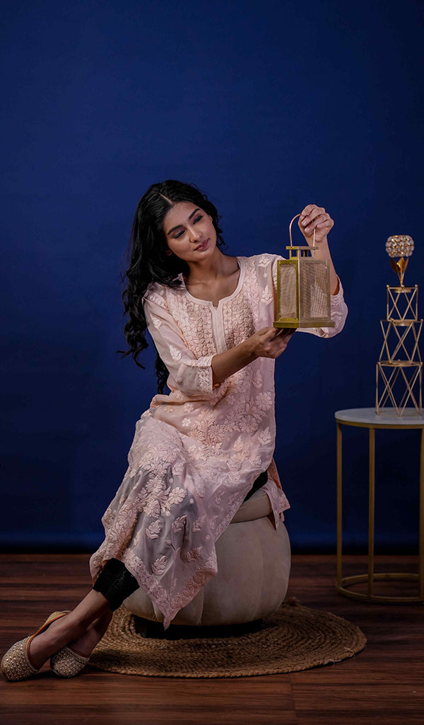 Umnaaz Women's Lakhnavi Handcrafted Viscose Georgette Chikankari Kurti- HONC0170695