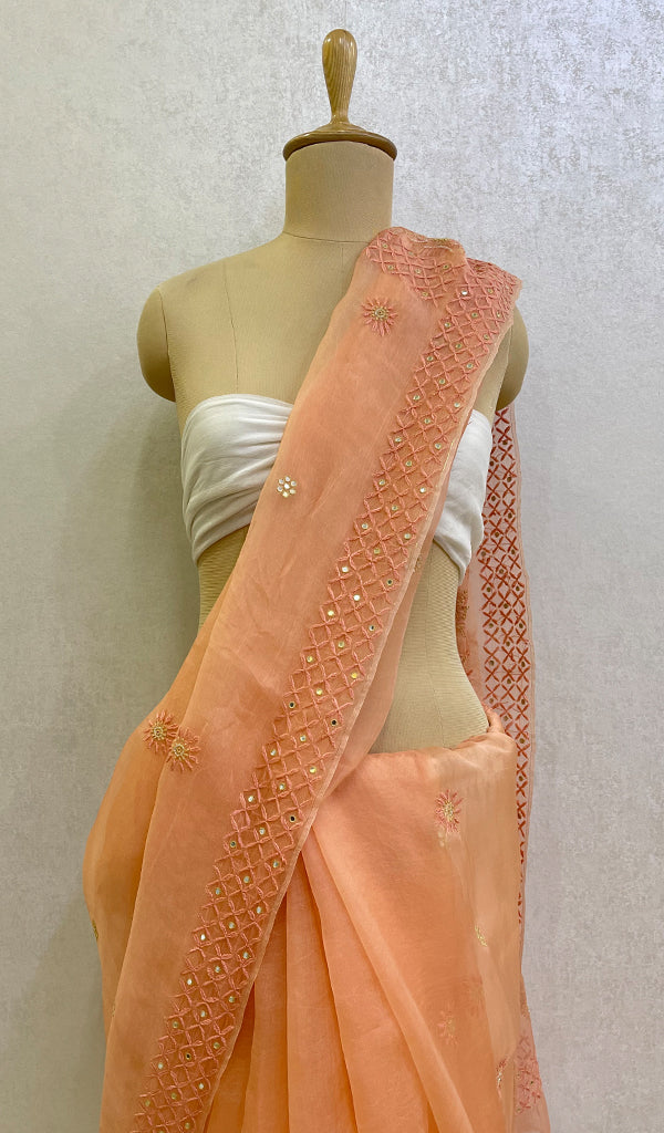 Women's Lucknowi Handcrafted Pure Organza Silk Chikankari Saree-HONC0116930