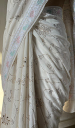 Load image into Gallery viewer, Women's Lakhnavi Handcrafted Pure Silk Georgette Chikankari Saree - HONC0202451