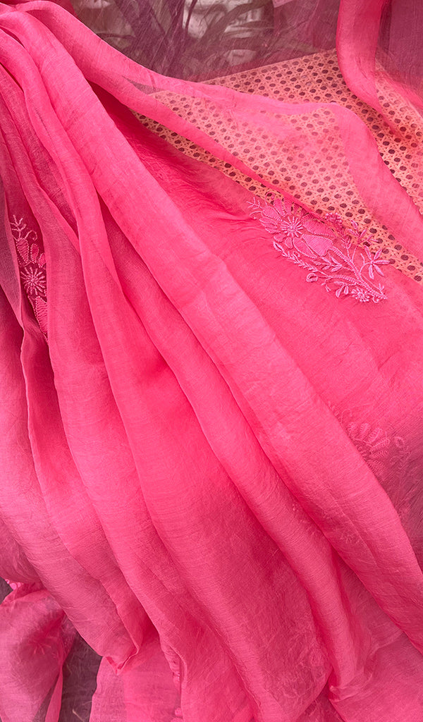 Ishq Women's Lucknowi Handcrafted Pure Organza Silk Chikankari SAREE - HONC0273031