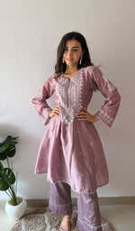 将图像加载到图库查看器中, Women's Lucknowi Handcrafted Mul Chanderi Stitched Chikankari Kurta And Plazzo Set- HONC0379066