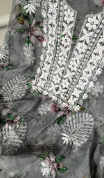 将图像加载到图库查看器中, Women's Lakhnavi Handcrafted Organza Chikankari Unstitched Kurti Fabric - HONC0165688