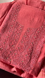 Load image into Gallery viewer, Women's Lakhnavi Handcrafted Mul Chanderi Chikankari Unstitched Kurta Dupatta Set - HONC0236592