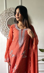 Load image into Gallery viewer, Women's Lakhnavi Handcrafted Mul Chanderi Chikankari Stitched Kurta, Dupatta And Pant Set - HONC0332155